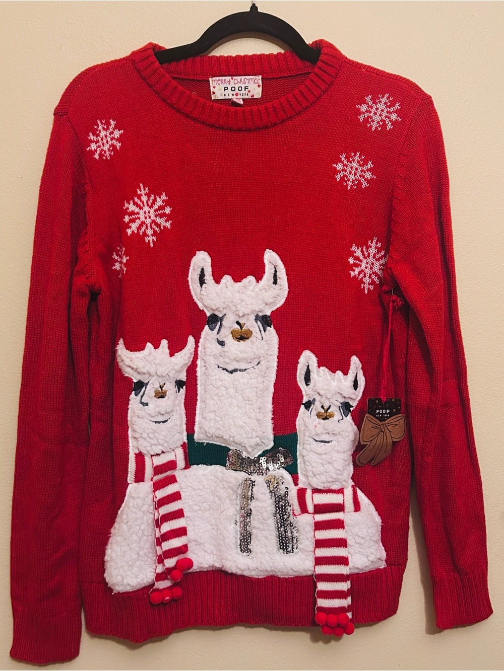 Poof! Red Women’s Holiday Llama Crewneck Sweater